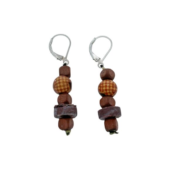 Vintage Sterling Silver 925 Wooden Bead Dangle Earrings - Picture 2 of 5